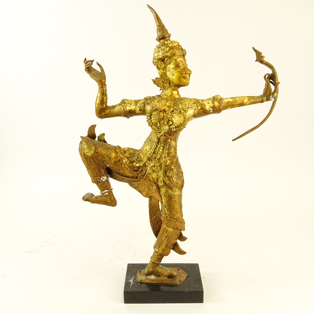 Vintage Gilt Metal Thai Dancer Figurine on Wood Base.