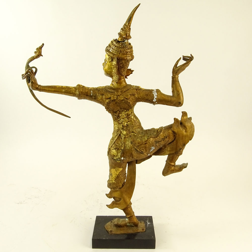 Vintage Gilt Metal Thai Dancer Figurine on Wood Base.