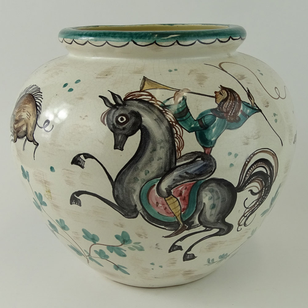 Large Mid-Century German Hand Painted Pottery Vase. Signed on bottom.
