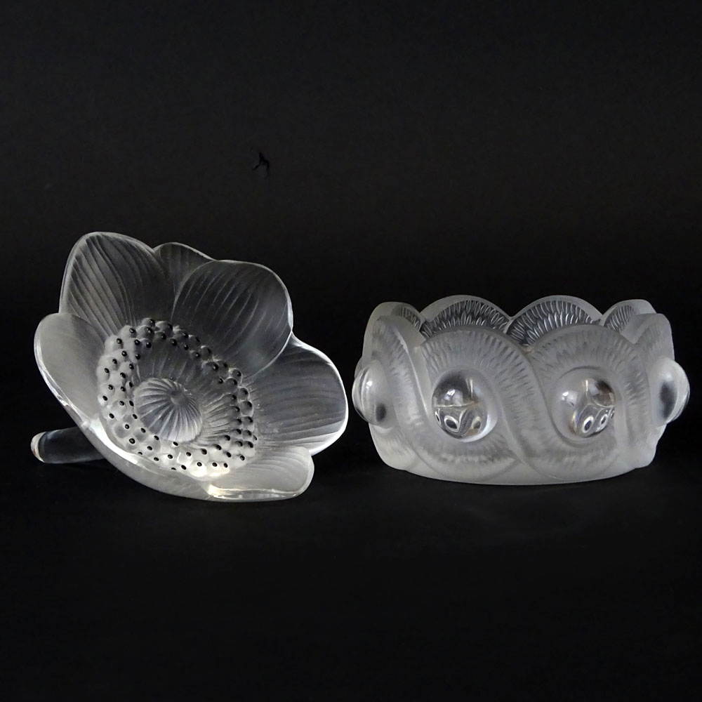 2 Piece Lot of Lalique Crystal Table Top Items. Includes Anemone Flower and Gao ashtray.