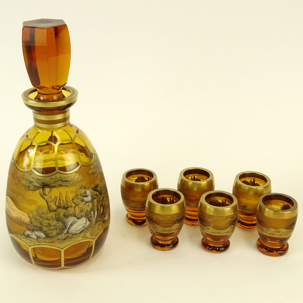 Vintage 7 Piece Bohemian Amber Glass Decanter Set, with hand painted romantic landscape motif. 