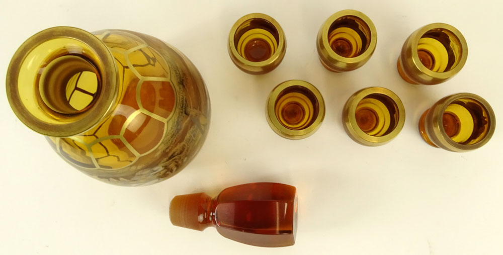 Vintage 7 Piece Bohemian Amber Glass Decanter Set, with hand painted romantic landscape motif. 
