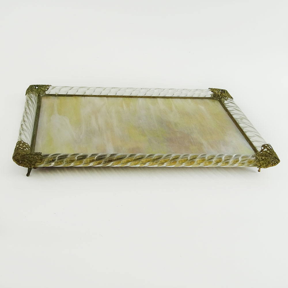 Antique Glass and Brass Perfume Bottle Tray. Iridescent base.