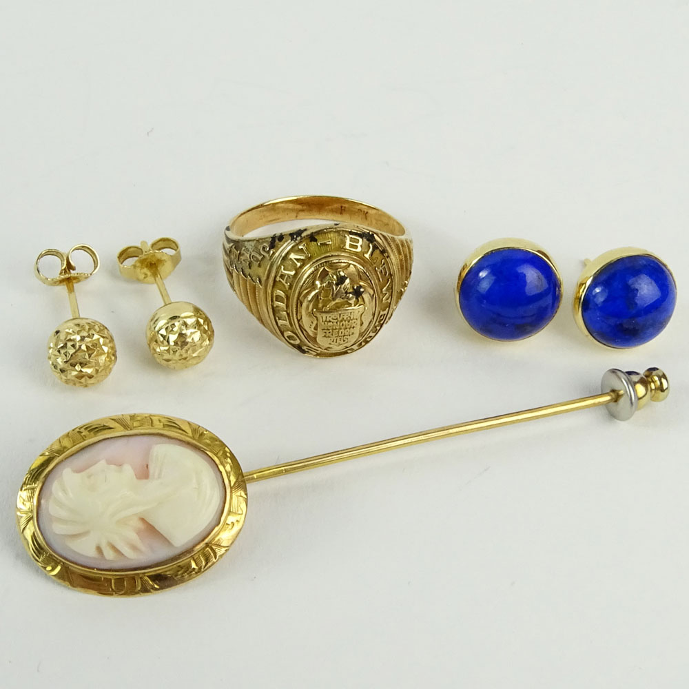 Lot of Miscellaneous Gold Jewelry. Includes: pair of 14K Lapis cabochon earrings; 10K cameo stick pin