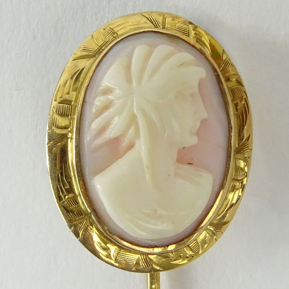 Lot of Miscellaneous Gold Jewelry. Includes: pair of 14K Lapis cabochon earrings; 10K cameo stick pin