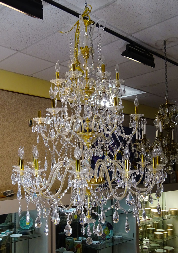 Large 20th Century Maria Theresa Style Crystal and Brass Chandelier.