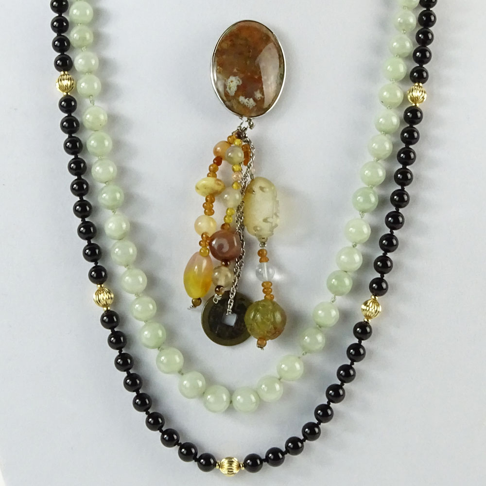 Lot of Three (3) Semi-precious stone Necklaces and Brooch. Includes a jade beaded Necklace
