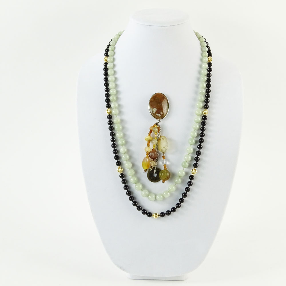 Lot of Three (3) Semi-precious stone Necklaces and Brooch. Includes a jade beaded Necklace