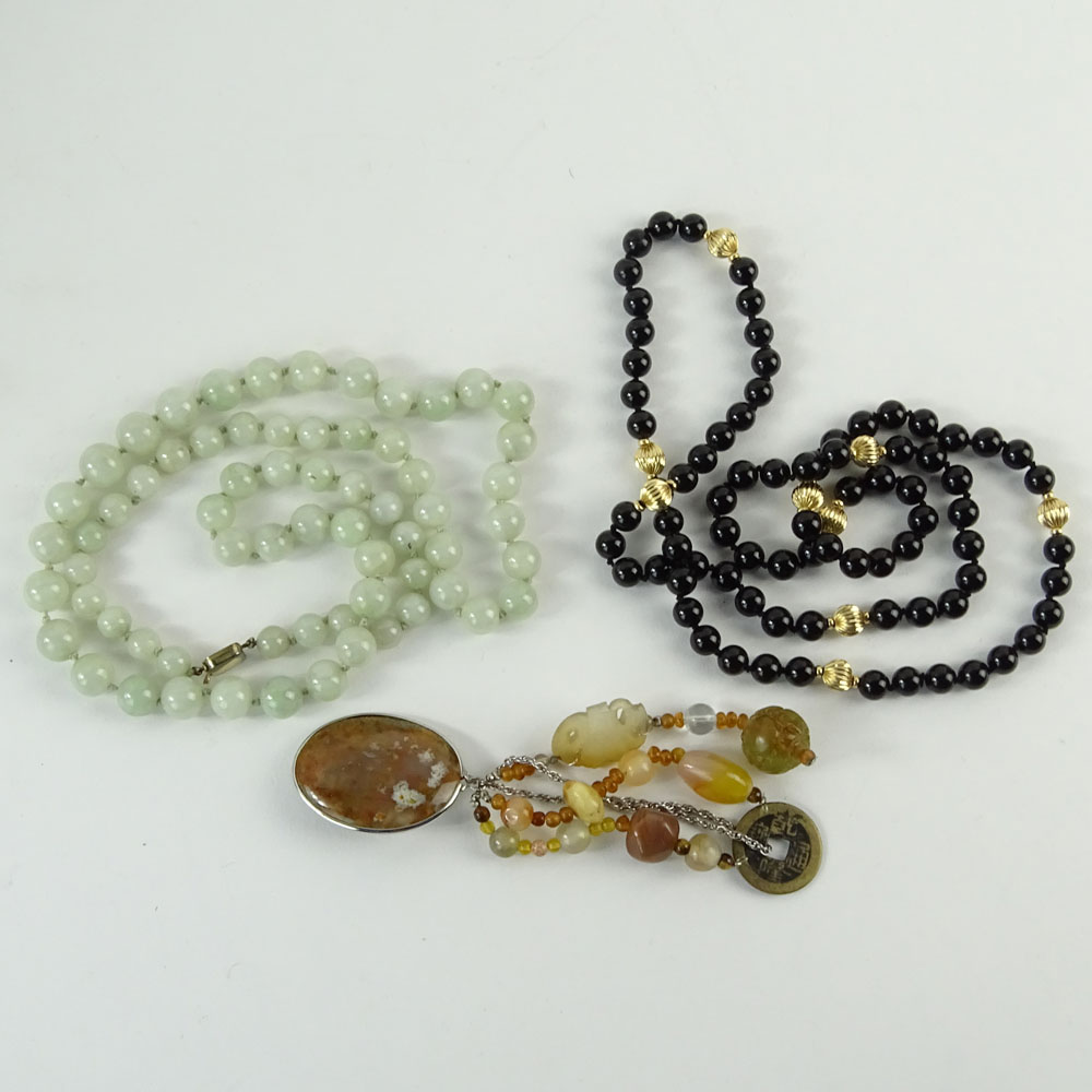 Lot of Three (3) Semi-precious stone Necklaces and Brooch. Includes a jade beaded Necklace