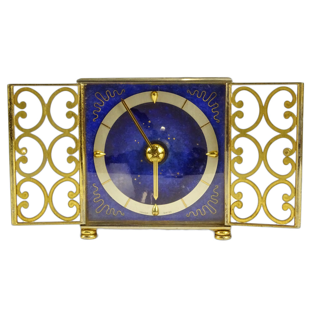 Vintage Imhof Blue Enameled and Brass Boudoir Clock.