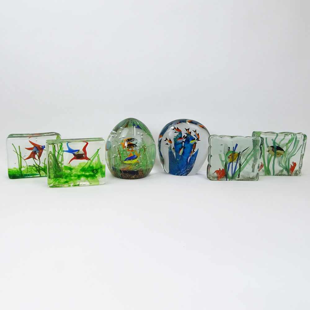 Lot of Six (6) Hand Blown Murano Glass Aquarium Paperweights.