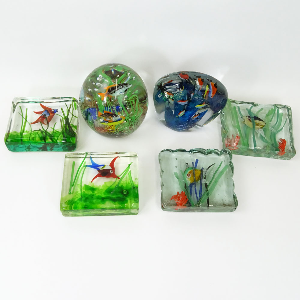 Lot of Six (6) Hand Blown Murano Glass Aquarium Paperweights.