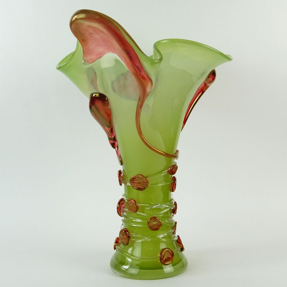 Monumental Ion Tamian Contemporary Romanian Art Glass Vase With Applied Decoration.