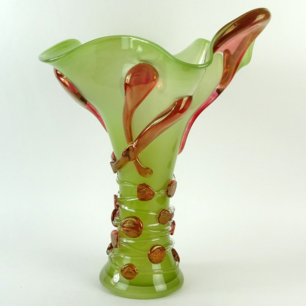 Monumental Ion Tamian Contemporary Romanian Art Glass Vase With Applied Decoration.