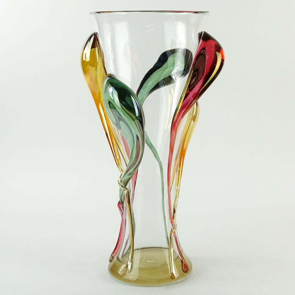 Monumental Ion Tamian Contemporary Romanian Art Glass Vase With Applied Decoration.