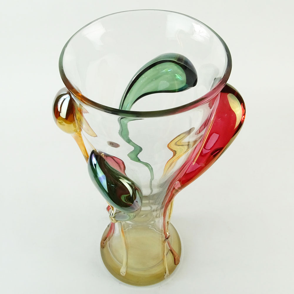 Monumental Ion Tamian Contemporary Romanian Art Glass Vase With Applied Decoration.