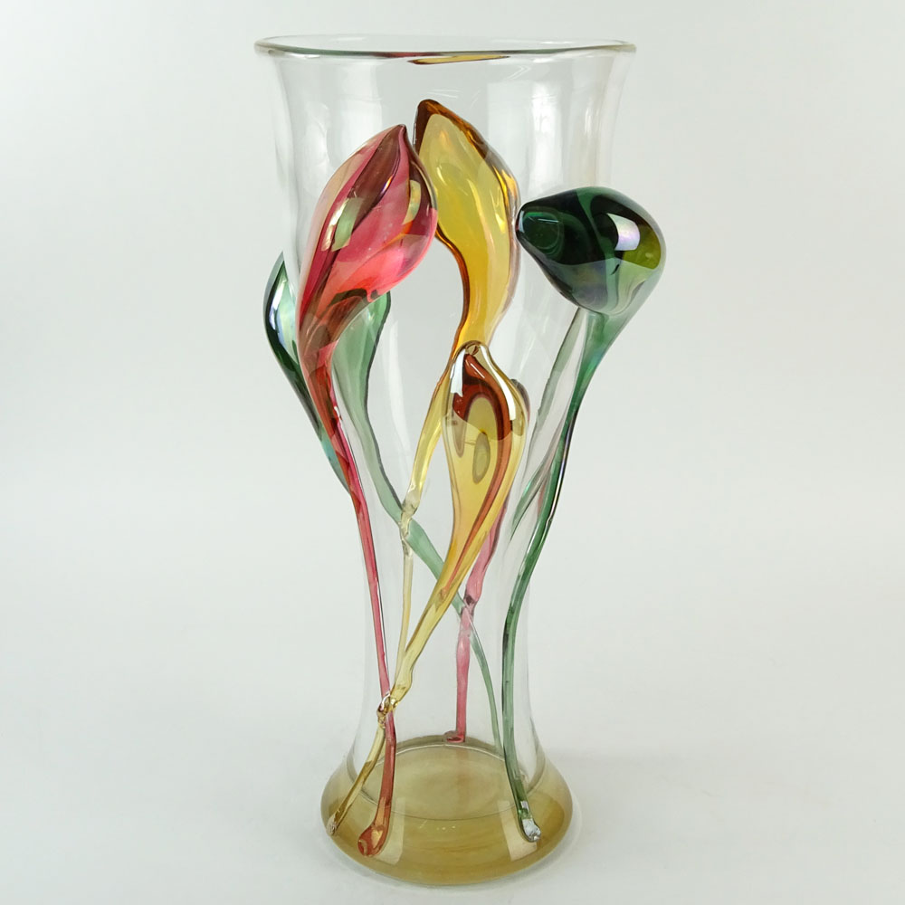 Monumental Ion Tamian Contemporary Romanian Art Glass Vase With Applied Decoration.