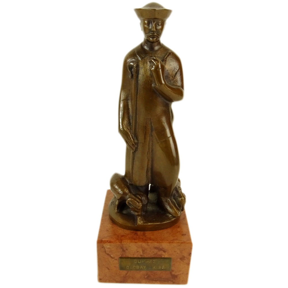 Juhasz Olcsay-Kiss, Hungarian (20th C) Bronze Figurine on rouge marble base "Shepard" 