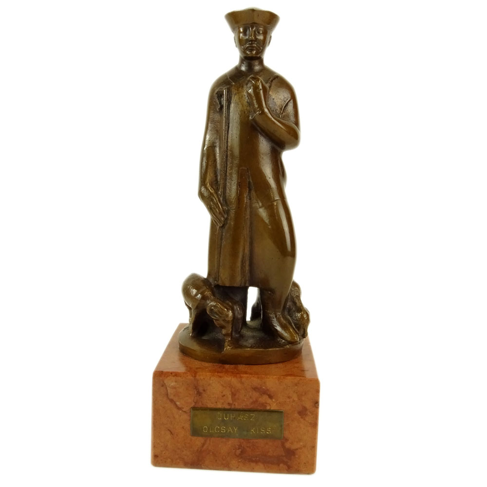 Juhasz Olcsay-Kiss, Hungarian (20th C) Bronze Figurine on rouge marble base "Shepard" 