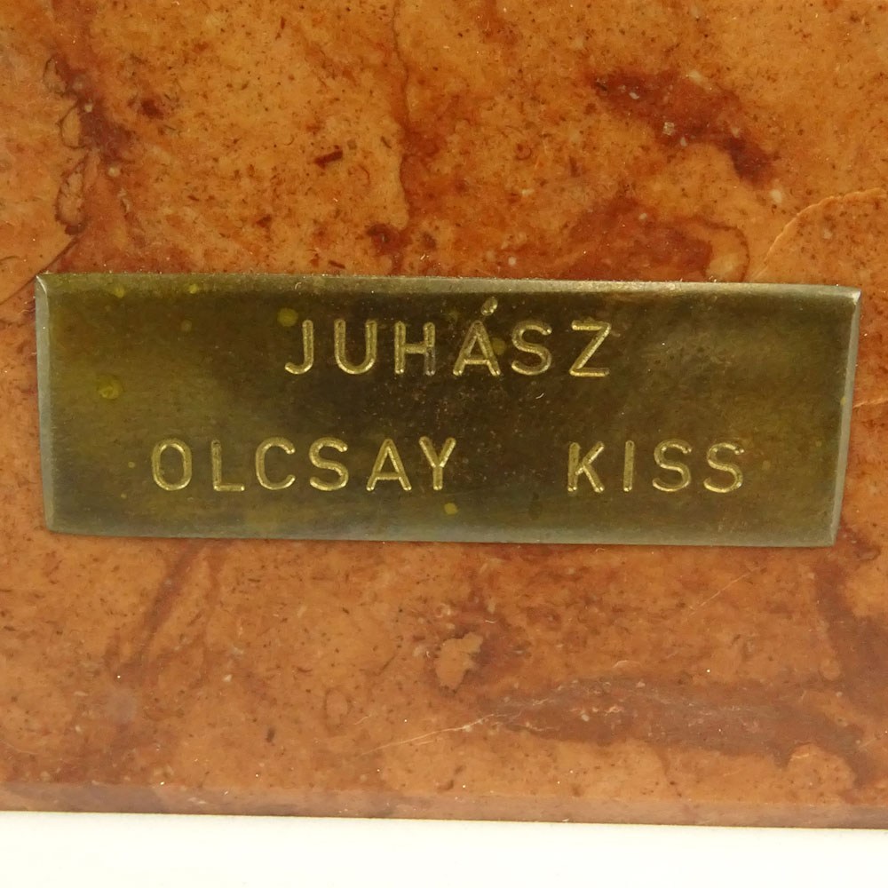 Juhasz Olcsay-Kiss, Hungarian (20th C) Bronze Figurine on rouge marble base "Shepard" 