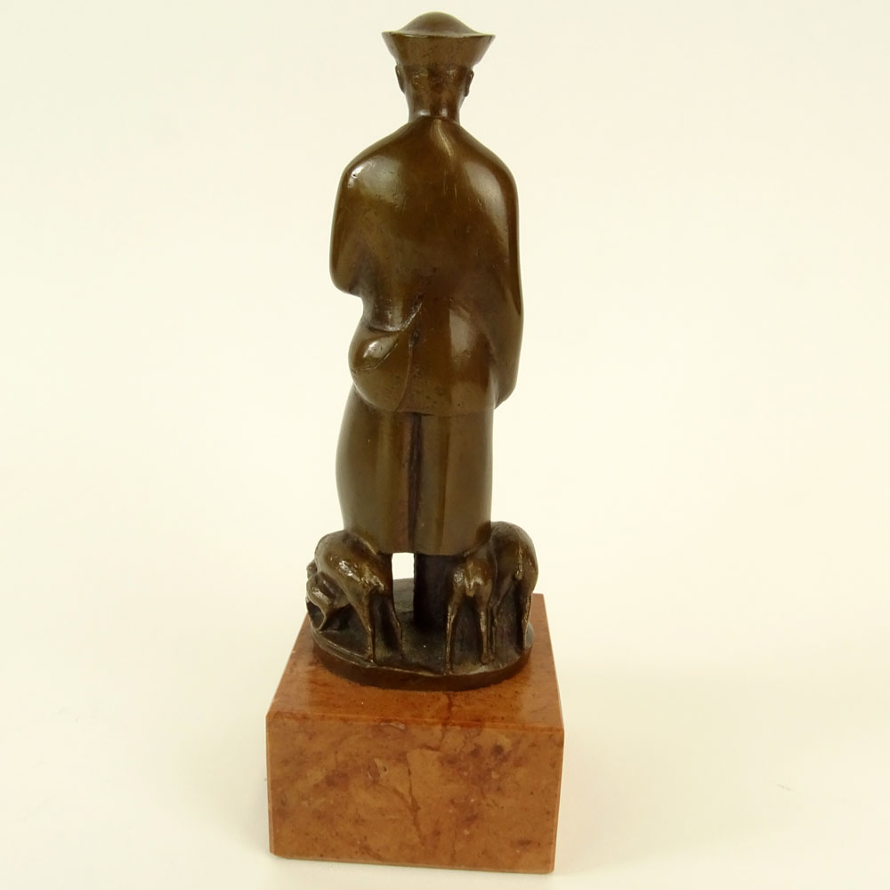 Juhasz Olcsay-Kiss, Hungarian (20th C) Bronze Figurine on rouge marble base "Shepard" 