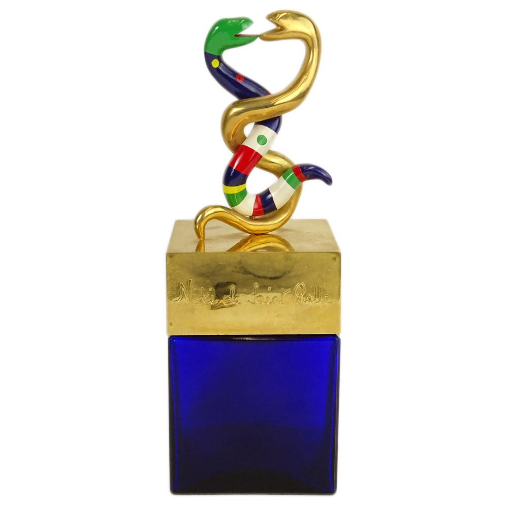 Niki de Saint Phalle Factice painted resin Snake design Perfume Bottle with a blue tinted glass bottle, Dummy Store Display.