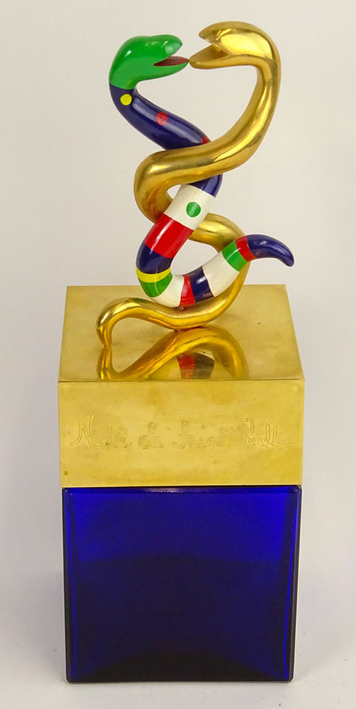 Niki de Saint Phalle Factice painted resin Snake design Perfume Bottle with a blue tinted glass bottle, Dummy Store Display.
