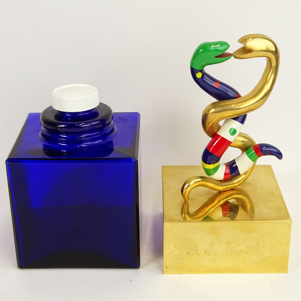 Niki de Saint Phalle Factice painted resin Snake design Perfume Bottle with a blue tinted glass bottle, Dummy Store Display.