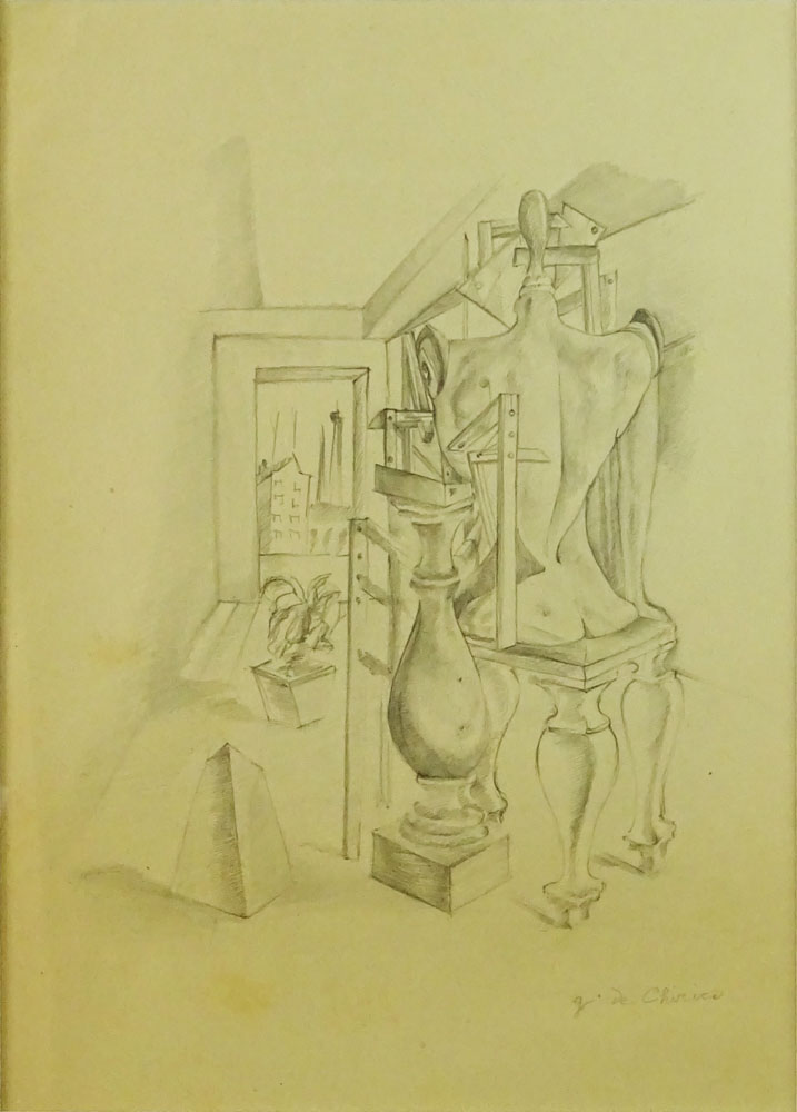 after: Giorgio de Chirico. Italian (1888-1978) Pencil on paper "Surrealist Interior With Figure"