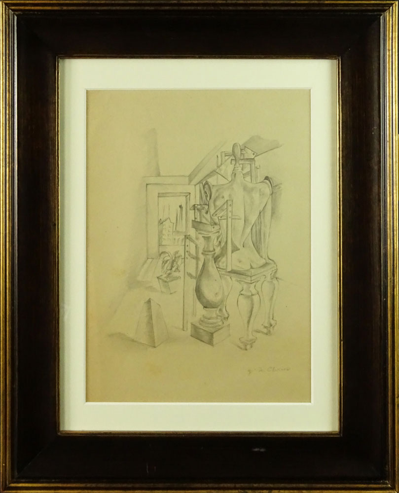 after: Giorgio de Chirico. Italian (1888-1978) Pencil on paper "Surrealist Interior With Figure"