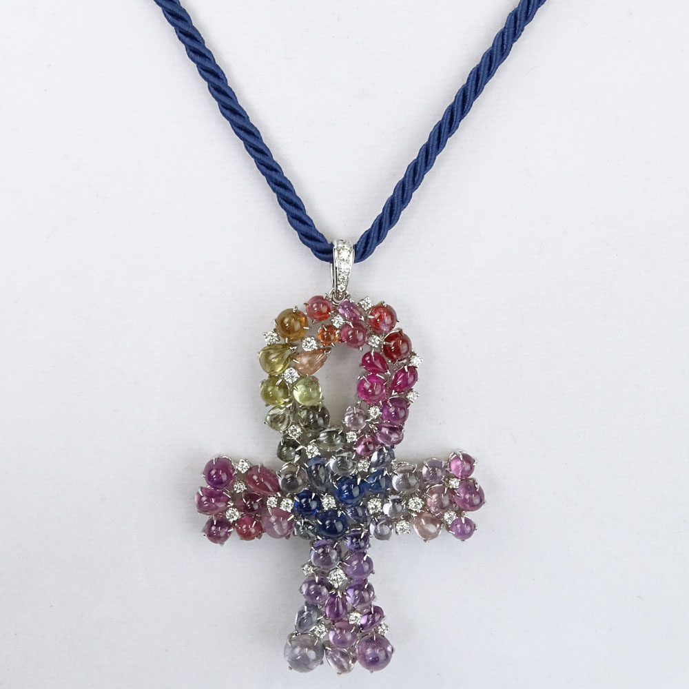 Approx. 36.0 Carat Cabochon Multi Color Sapphire, 1.75 Carat Round Cut Diamond and 18 Karat White Gold Pendant Necklace.