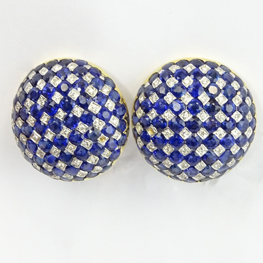 Pair of Lady's Round Cut Approx. 9.50-10.0 Carat Sapphire, Diamond and 18 Karat Yellow Gold Earrings.