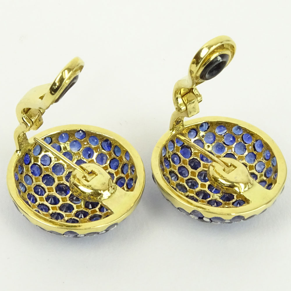 Pair of Lady's Round Cut Approx. 9.50-10.0 Carat Sapphire, Diamond and 18 Karat Yellow Gold Earrings.