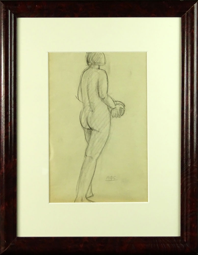 Antonina F. Sofronova, Russian (1892-1966) Pencil on paper "Female Nude Study" Bears Cyrillic monogram. 