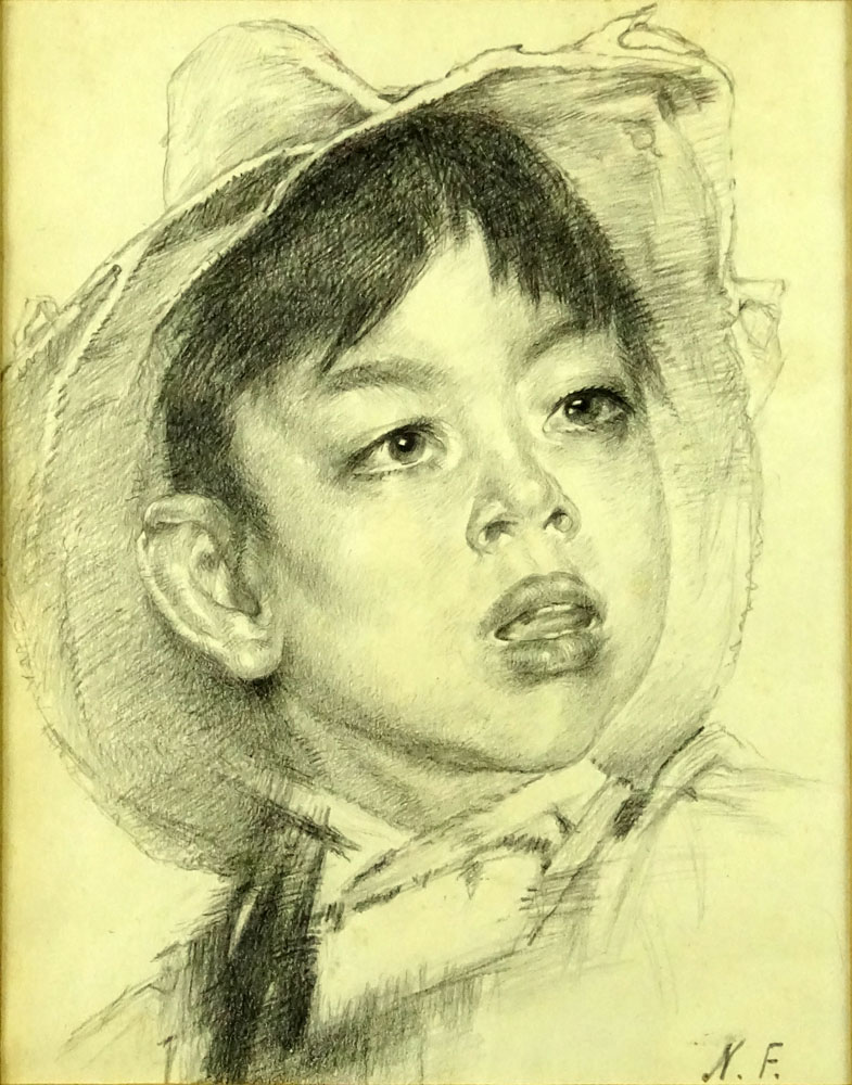 attrib: Nikolai Fechin, Russian (1881-1955)  Pencil drawing "Young Boy In Hat" Monogramed NF lower right. 