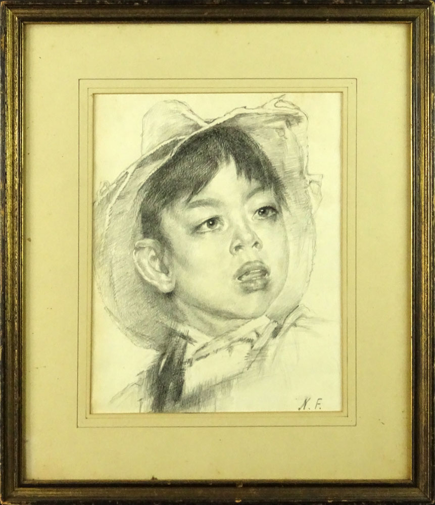 attrib: Nikolai Fechin, Russian (1881-1955)  Pencil drawing "Young Boy In Hat" Monogramed NF lower right. 