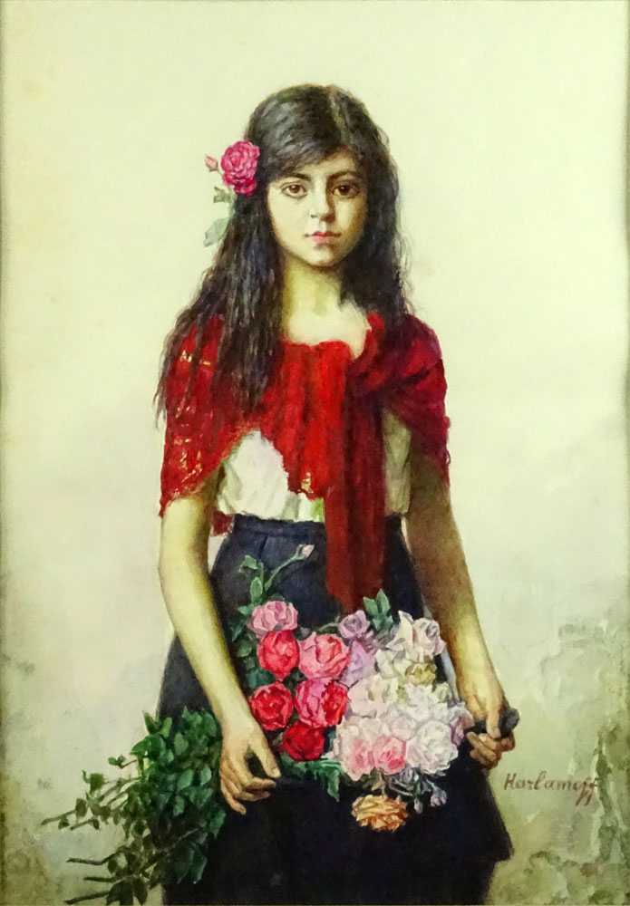Antique Russian watercolor on paper "Girl With Boquet". 