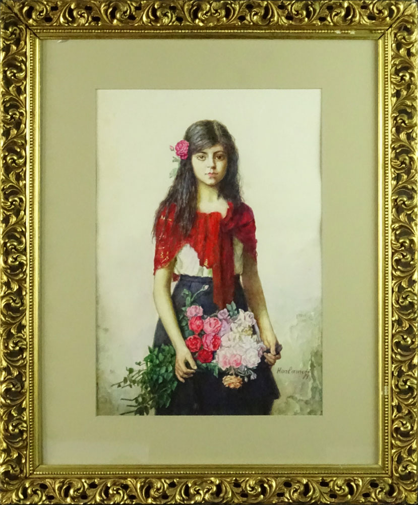 Antique Russian watercolor on paper "Girl With Boquet". 