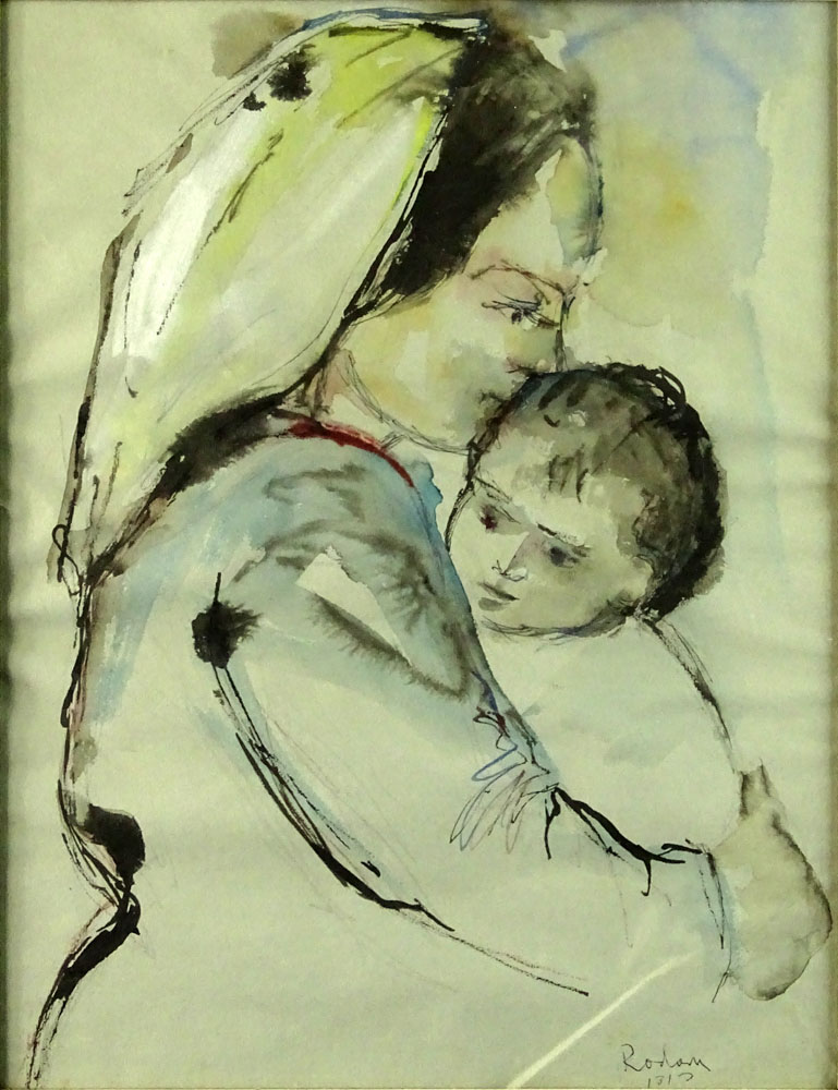 Jehuda Rodan, Israeli  (1916-1985) Watercolor "Mother and Child" 