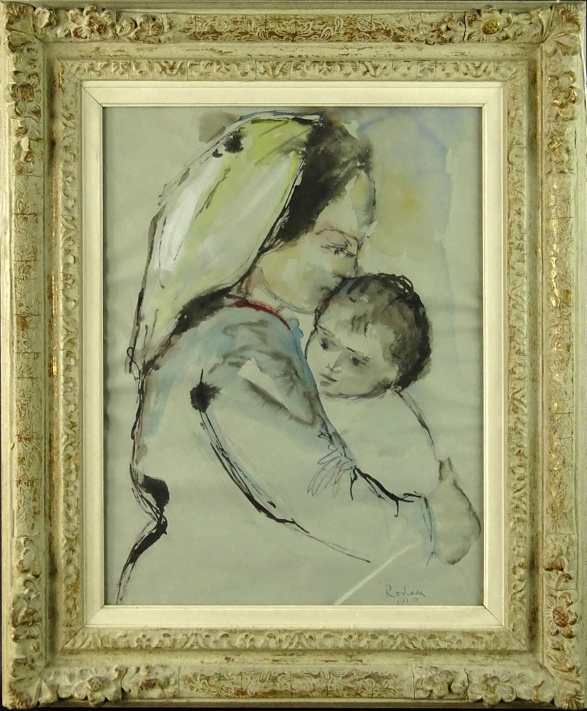 Jehuda Rodan, Israeli  (1916-1985) Watercolor "Mother and Child" 