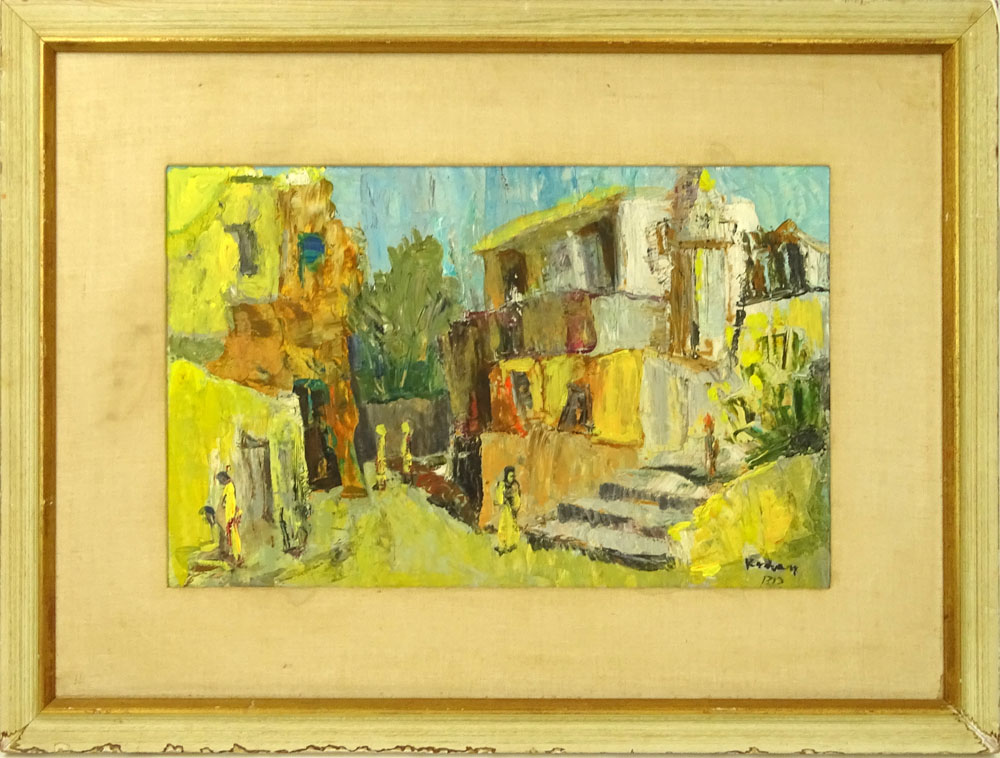 Jehuda Rodan, Israeli  (1916-1985) Oil on masonite "Israeli Street Scene" 