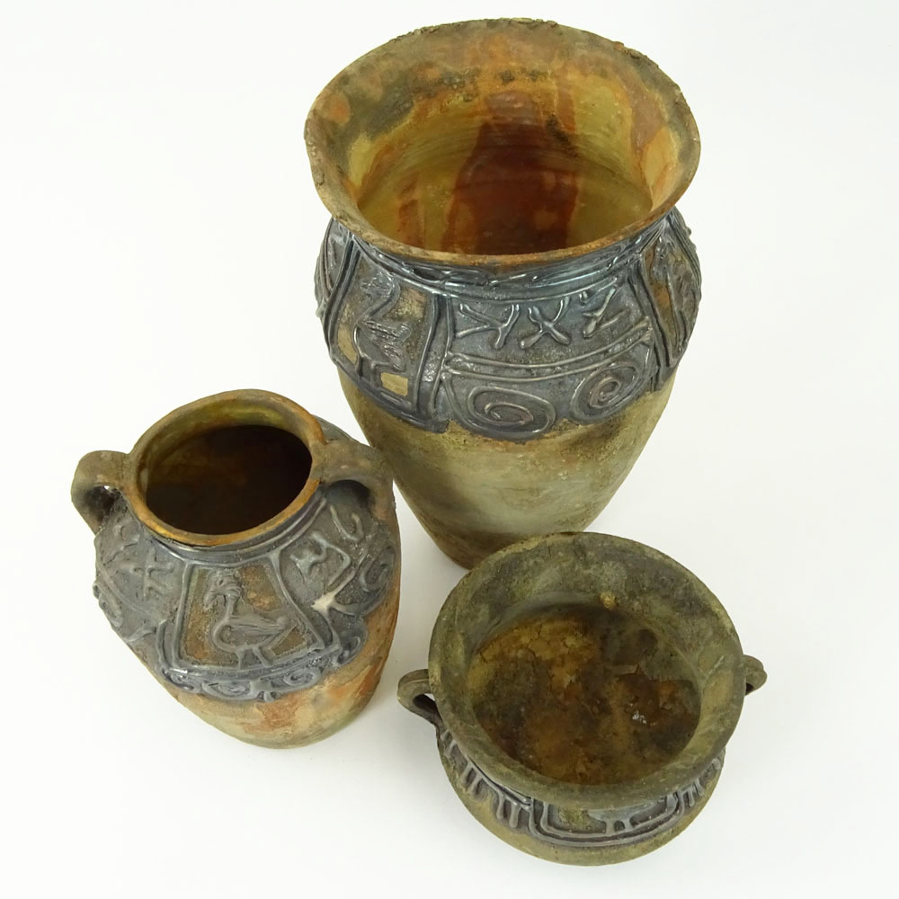 Lot of 3 Domar Israeli Studio Pottery Vessels with Applied Silver Decoration.