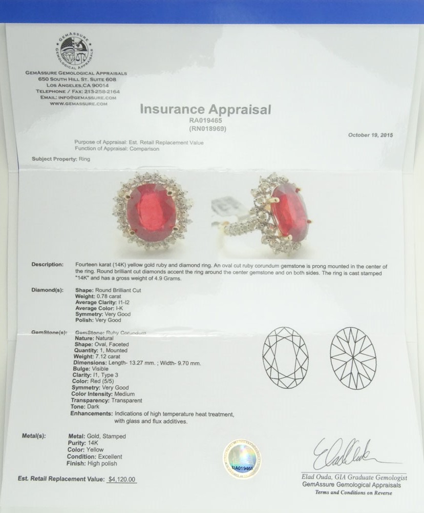 GGA Certified 7.12 Carat Oval Cut Ruby, .78 Carat Round Cut Diamond and 14 Karat Yellow Gold Ring. 