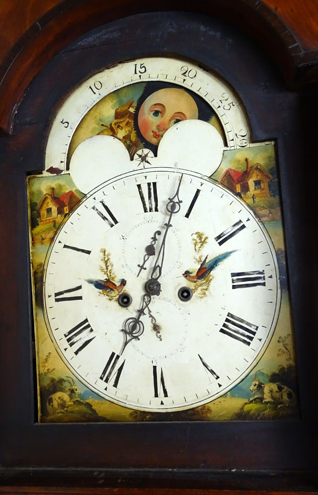 Circa 1820 Scottish Mahogany Tall Case Clock With Painted Moon Phase Dial.