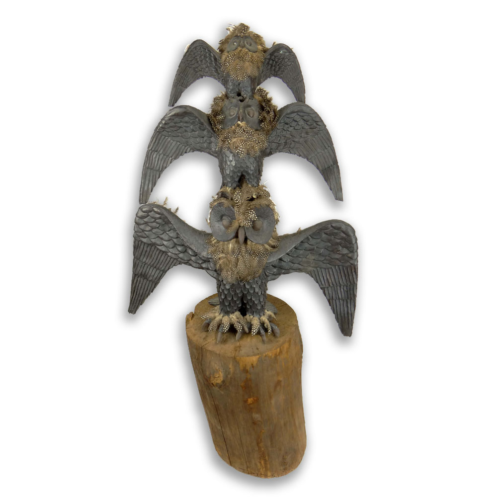 Paul "Hawley" Bellardo, American (20th Century) Circa 1973 Ceramic Three (3) Owl Totem Sculpture Accented with Bird Feathers, Mounted on Log Base.