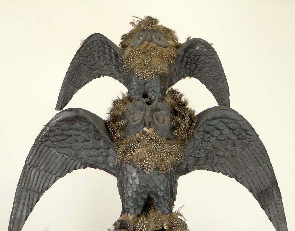 Paul "Hawley" Bellardo, American (20th Century) Circa 1973 Ceramic Three (3) Owl Totem Sculpture Accented with Bird Feathers, Mounted on Log Base.