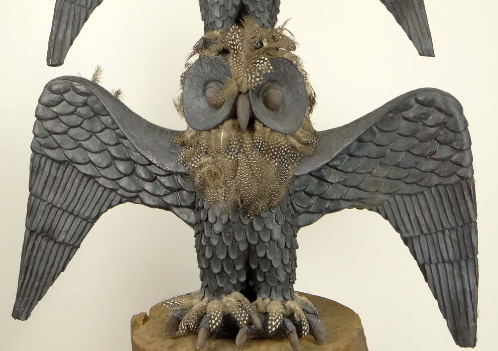 Paul "Hawley" Bellardo, American (20th Century) Circa 1973 Ceramic Three (3) Owl Totem Sculpture Accented with Bird Feathers, Mounted on Log Base.