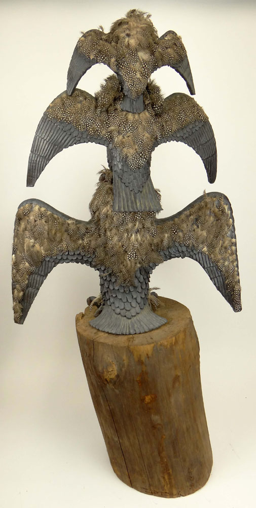 Paul "Hawley" Bellardo, American (20th Century) Circa 1973 Ceramic Three (3) Owl Totem Sculpture Accented with Bird Feathers, Mounted on Log Base.