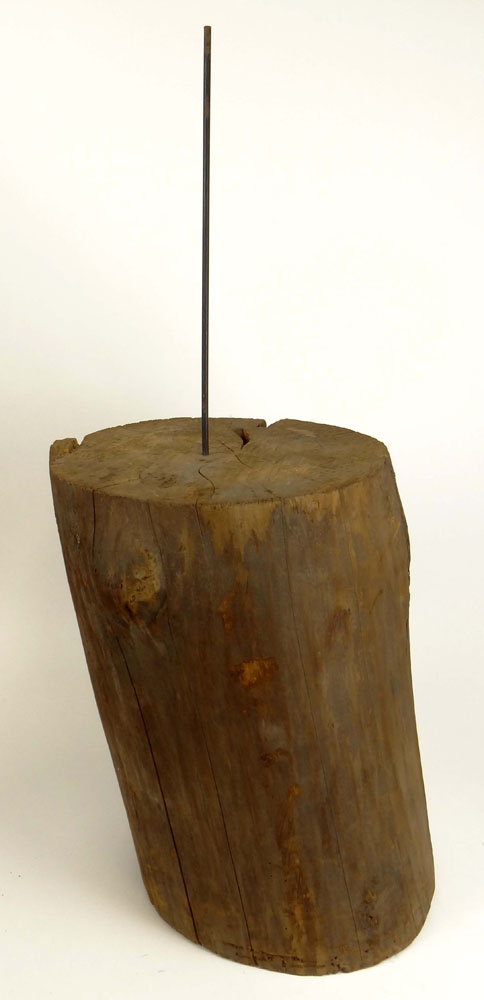 Paul "Hawley" Bellardo, American (20th Century) Circa 1973 Ceramic Three (3) Owl Totem Sculpture Accented with Bird Feathers, Mounted on Log Base.