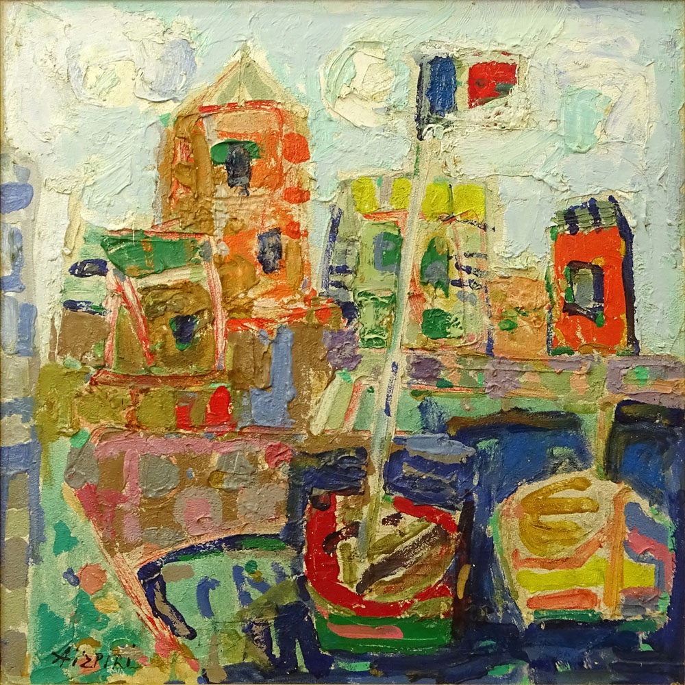 Paul Aïzpiri, French (b. 1919) Oil on Board with sand elements "Port de le Maxime" 